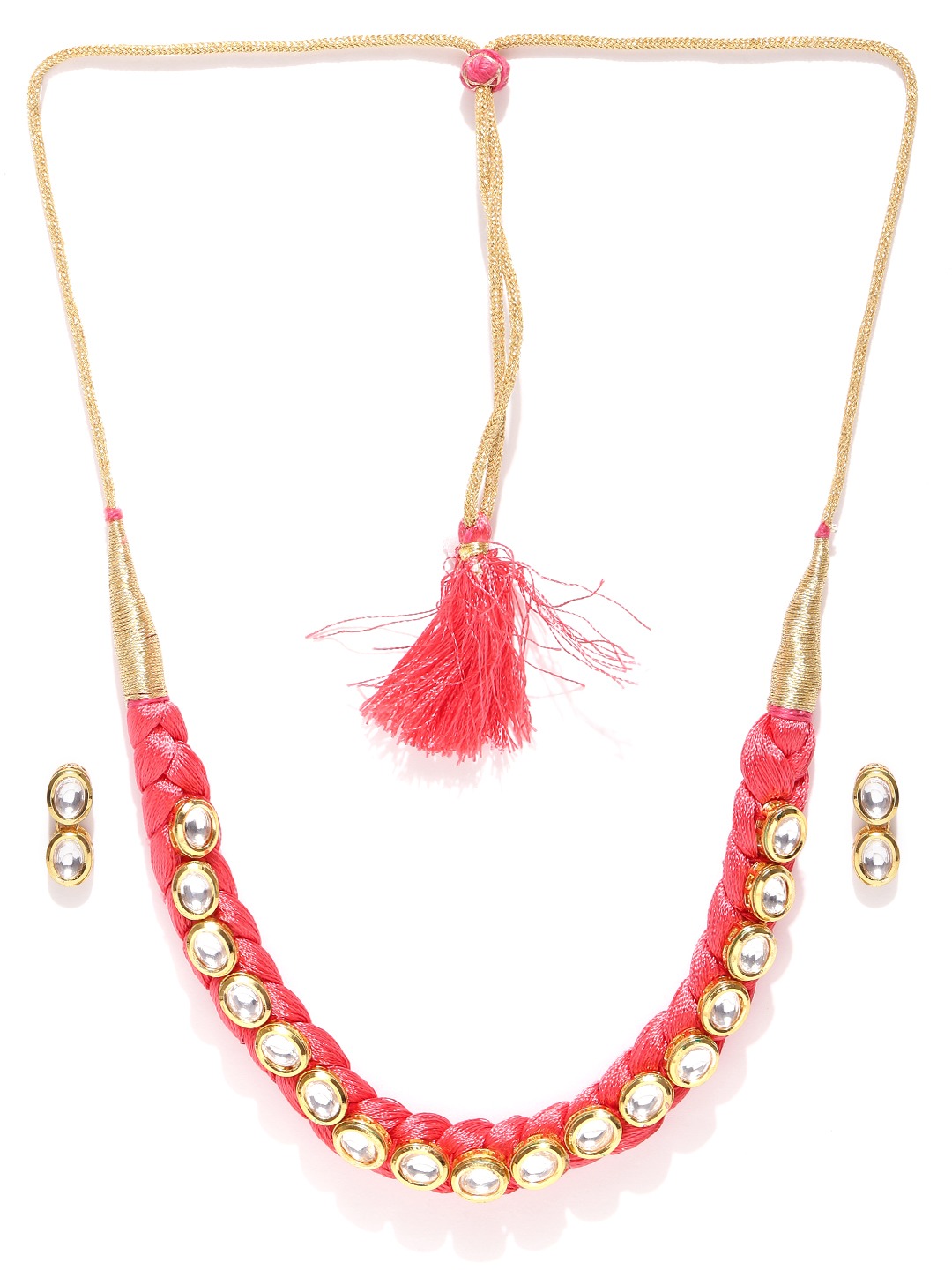 YouBella Coral Pink  Gold-Toned Stone-Studded Beaded Jewellery Set